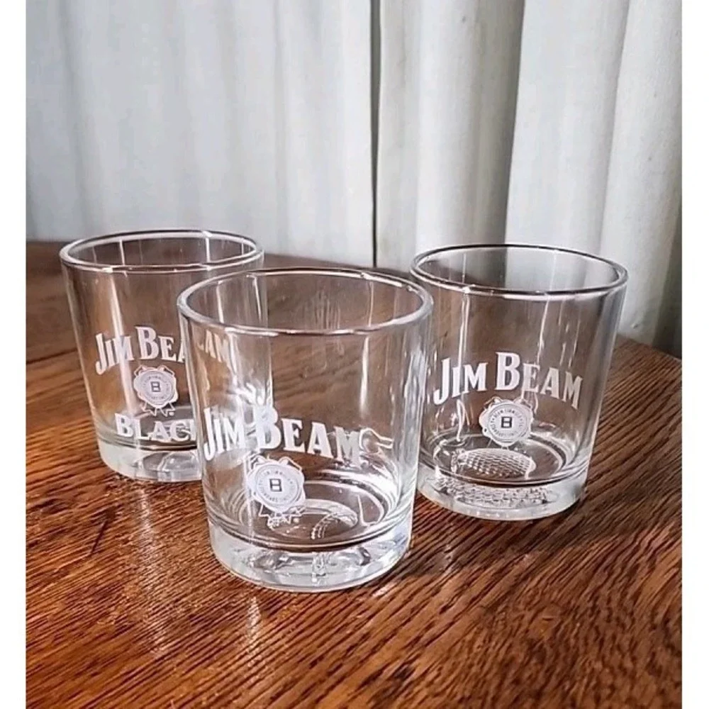 3 Jim Beam Etched Whiskey Glasses - Basketball,Golfball Baseball On bottom